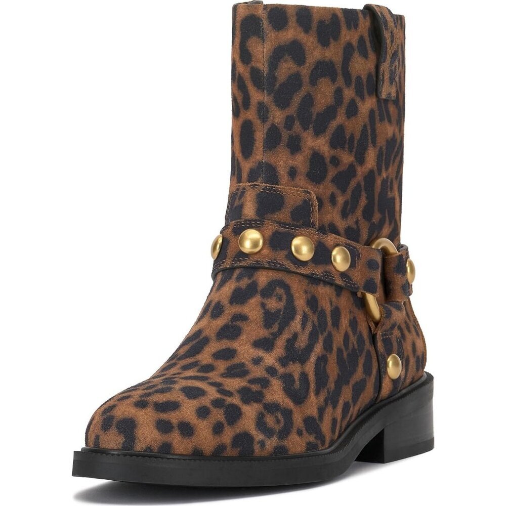 ⚡Women Leopard Print Suede Imported Pointy Toe Mid Calf Chunky Heel Biker Boot